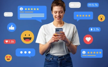 Smiling woman looking at her smartphone surrounded by social media icons and positive engagement bubbles.