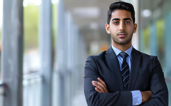 Confident young man in a suit with arms crossed standing in a modern office corridor.