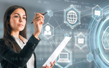 Woman holding documents and interacting with digital icons representing communication and network technology.