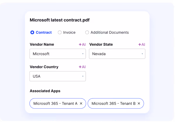 CloudEagle AI-powered contract metadata extraction interface organizing license and spend data automatically
