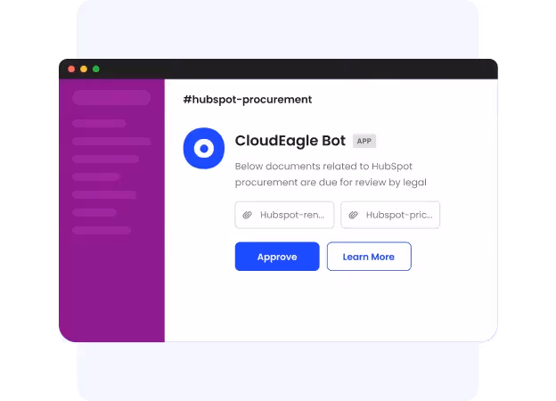 CloudEagle Slack integration showing procurement requests being submitted and approved directly within a Slack channel