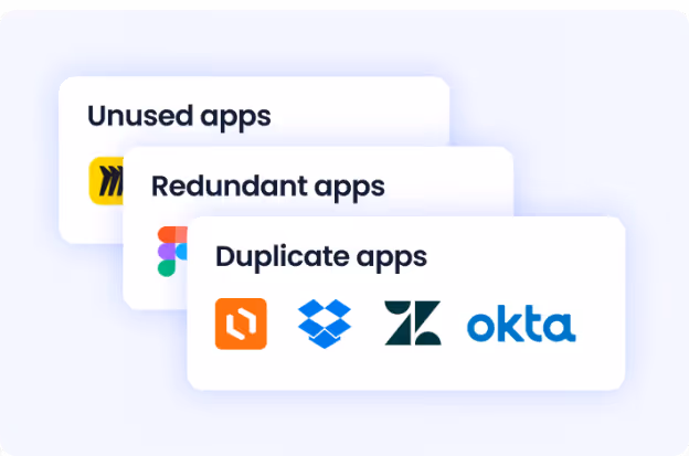 CloudEagle application rationalization view showing AI-detected duplicate SaaS tools with overlapping features and users holding redundant seats