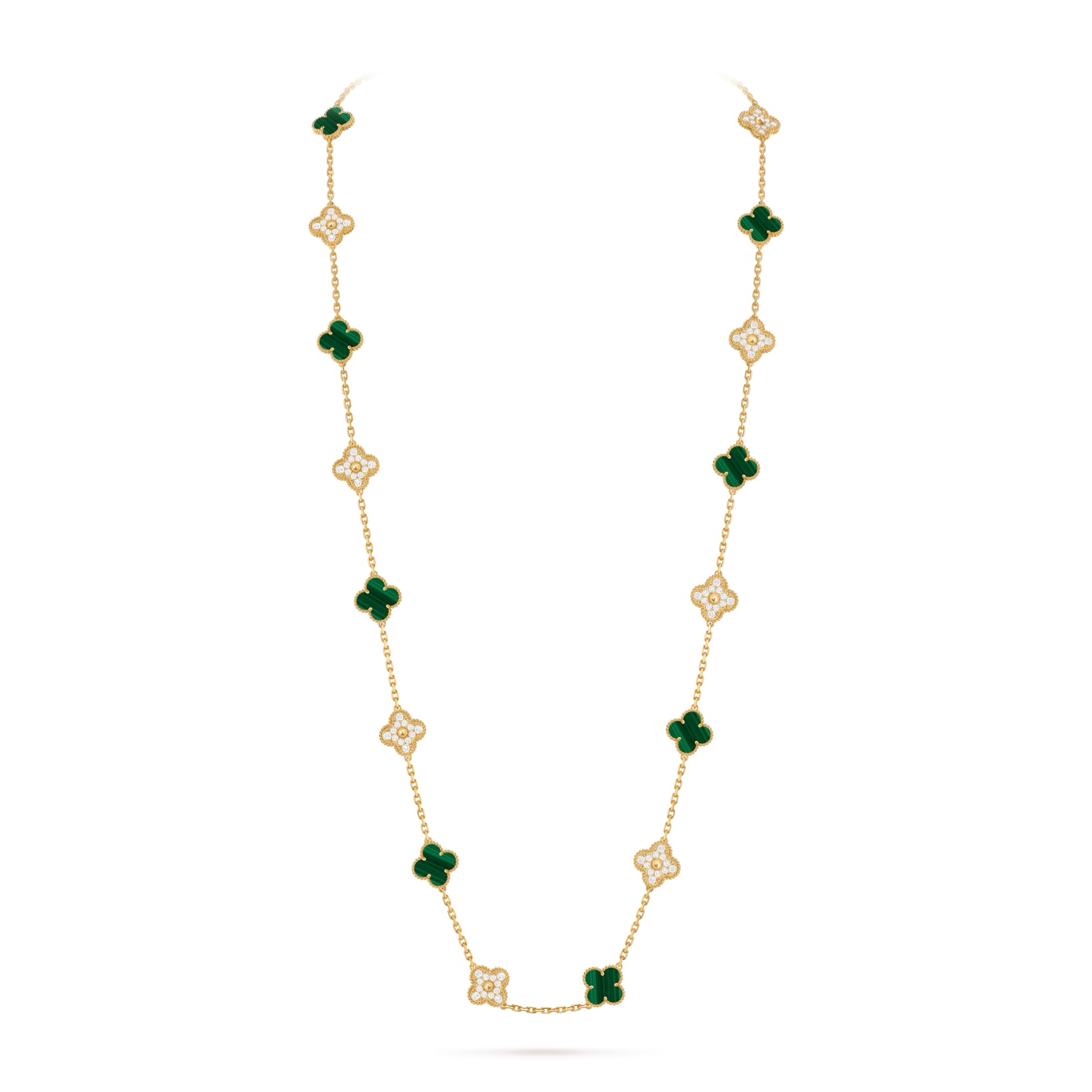 Van Cleef & Arpels Alhambra Long Necklace Dark Green 18k Yellow Gold Malachite Diamond Necklace