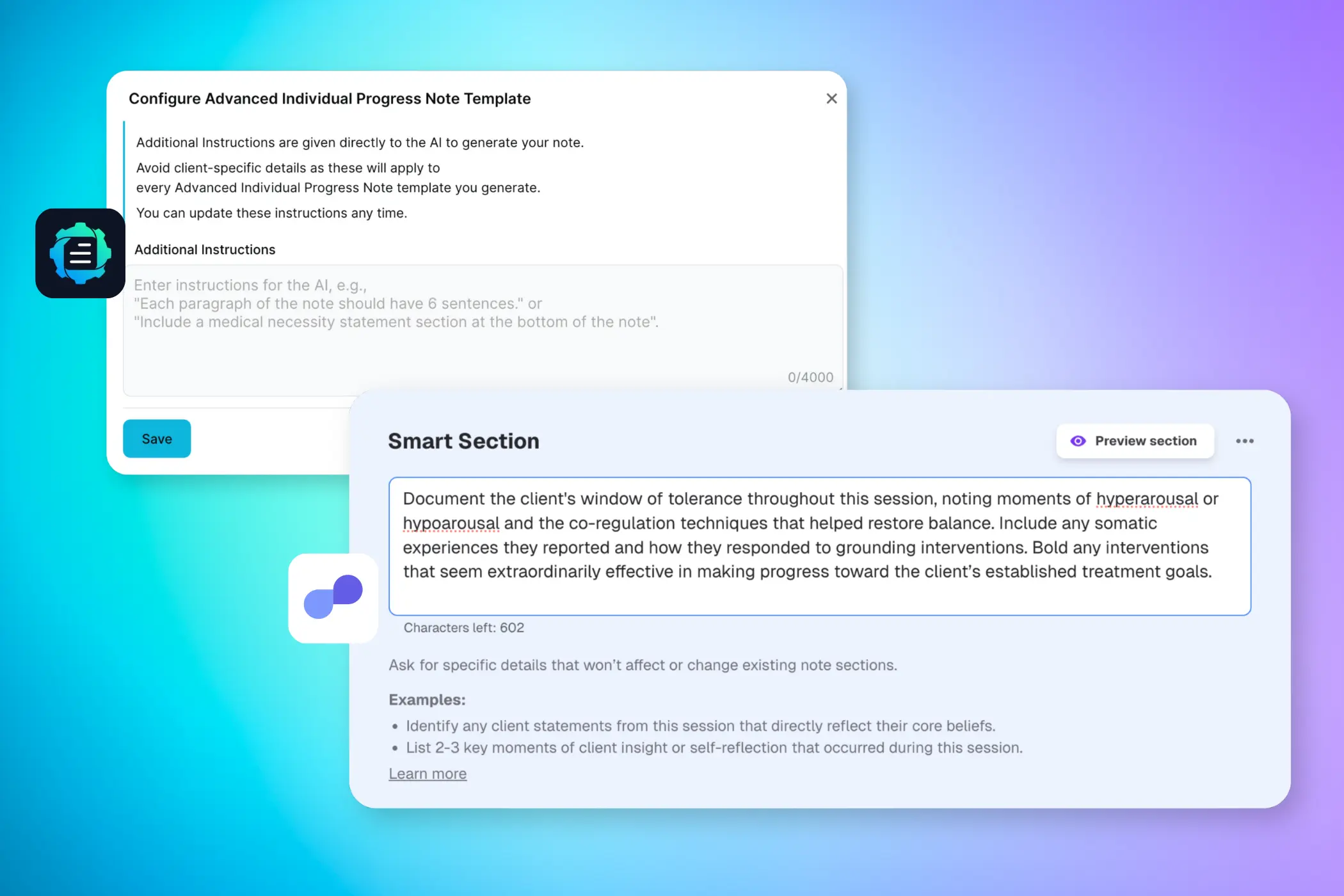Screenshots of AutoNotes' template-level customization compared to Upheal's section-by-section customization.