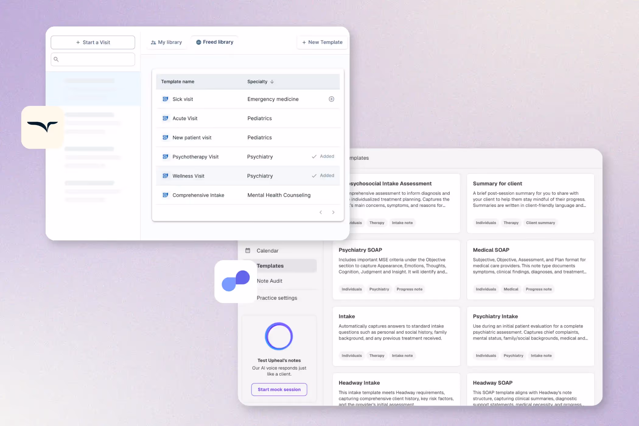 A side-by-side comparison of Upheal's library of therapy note templates and Freed's more medicalized templates.