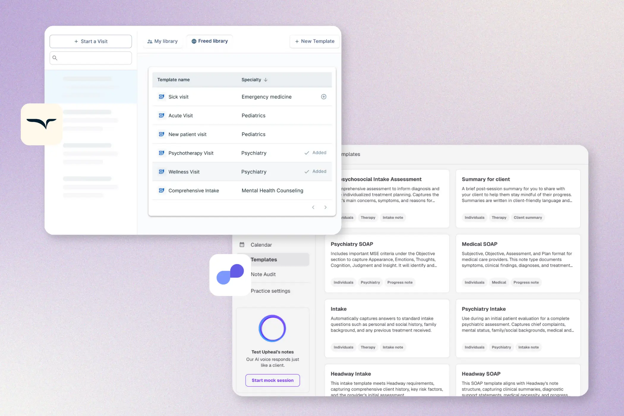 A side-by-side comparison of Upheal's library of therapy note templates and Freed's more medicalized templates.