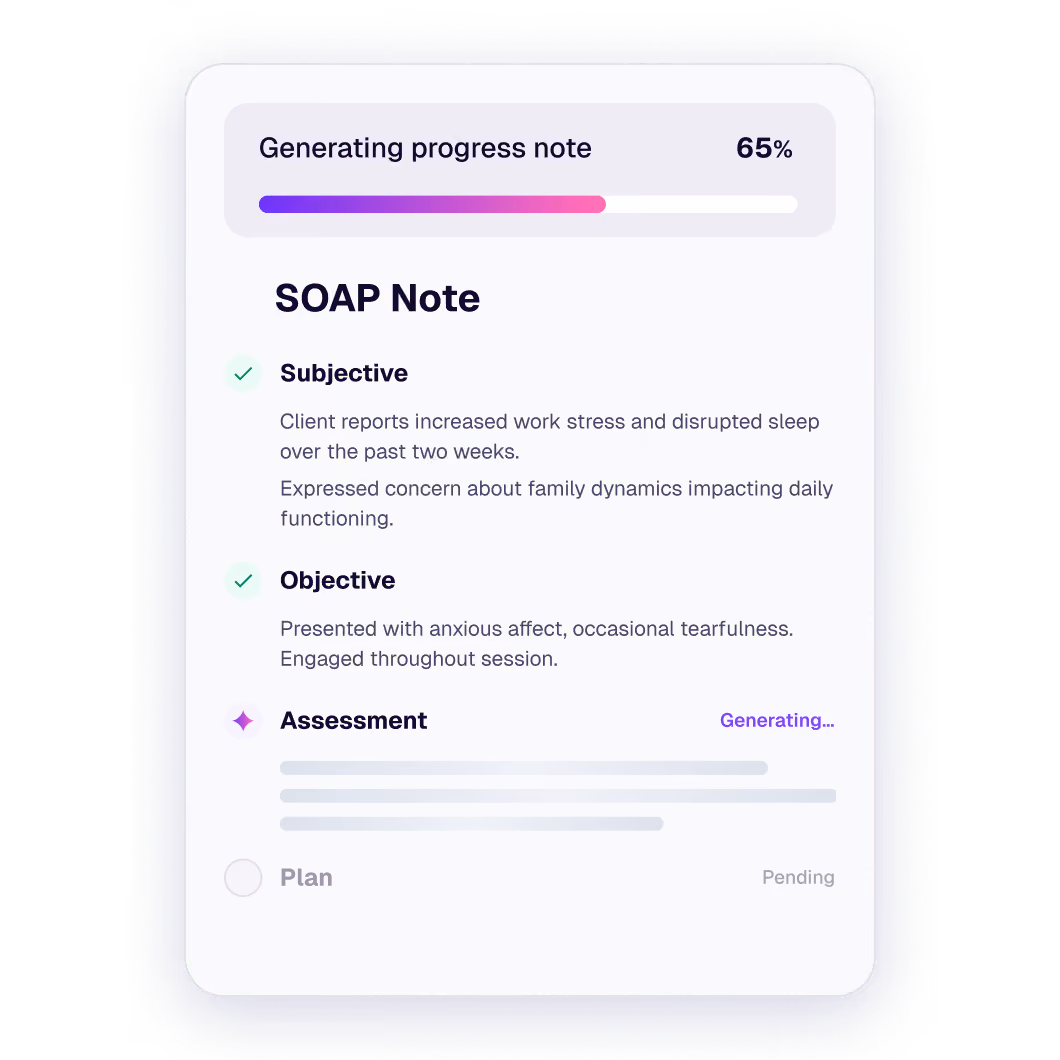 A therapist smiling while using Upheal’s HIPAA-compliant telehealth platform with AI note generation turned on.