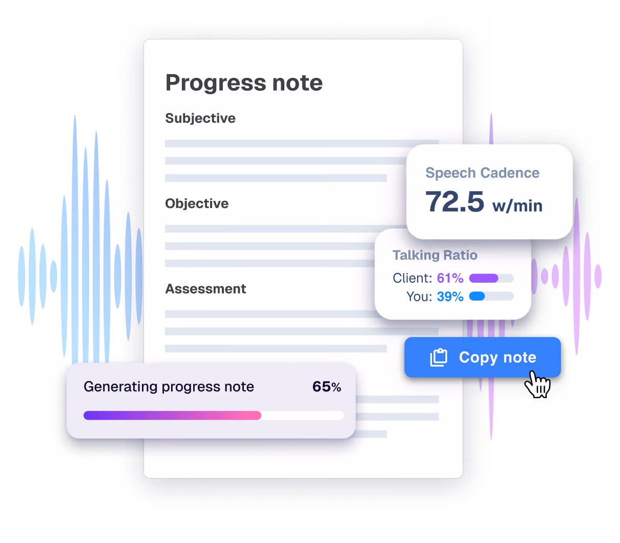 Upheal's HIPAA-compliant AI therapy notes showing progress bar and speech cadence.