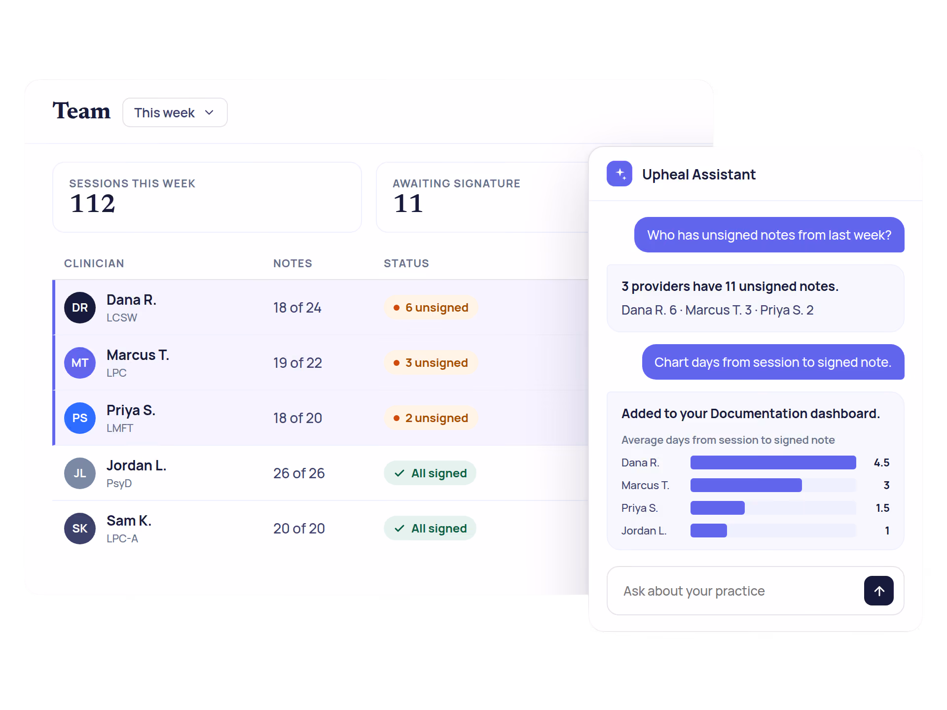 Upheal team dashboard and AI assistant