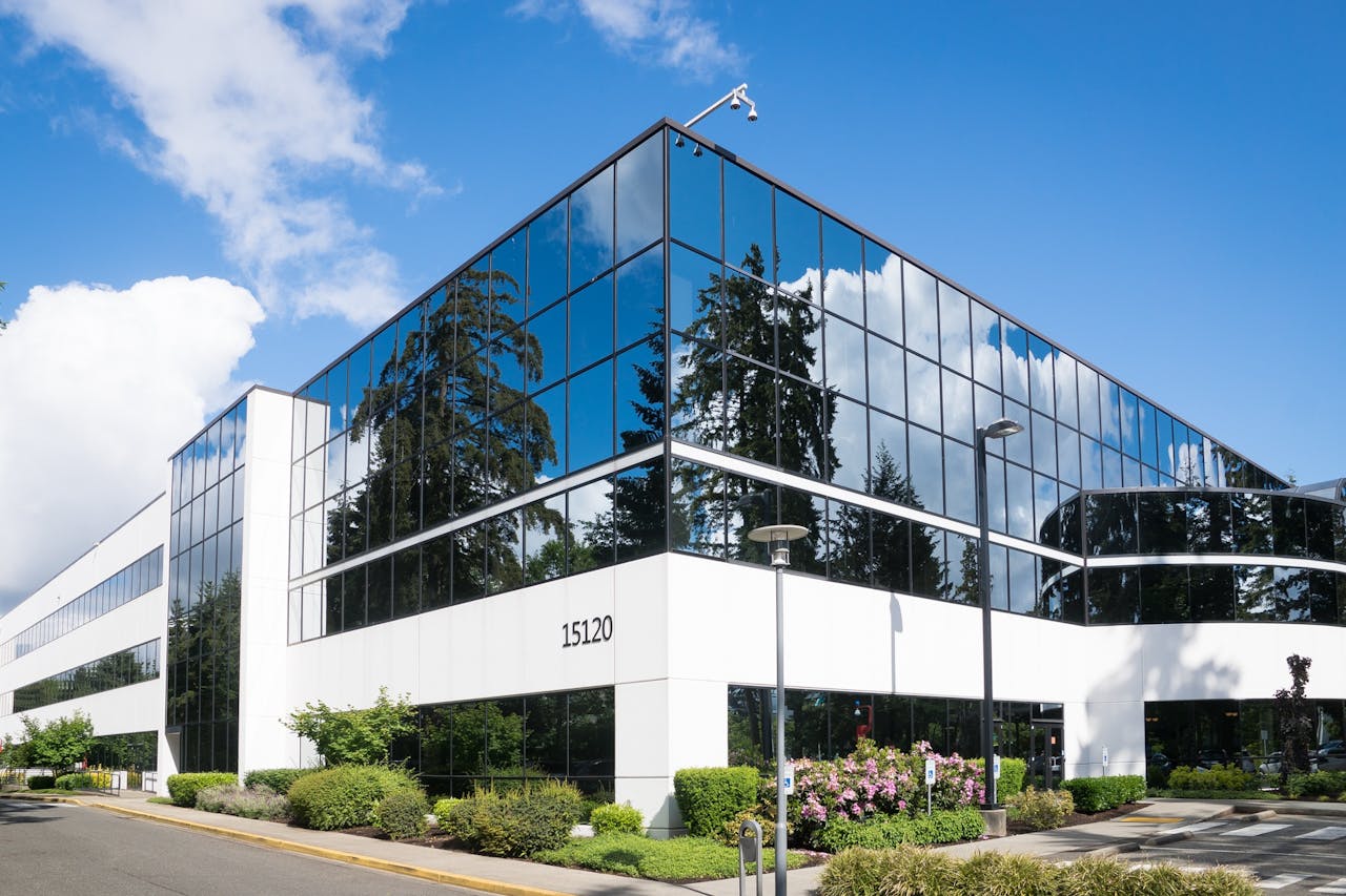 commercila landscape design in front of a company