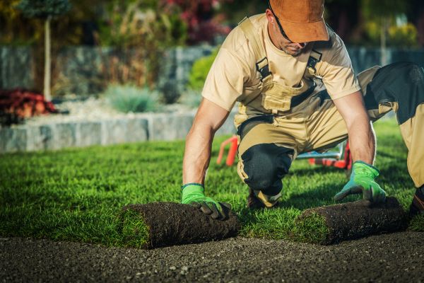 Landscaper working on backyard hardscaping.