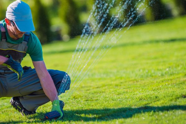 Worker installing an irrigation system in a garden.
