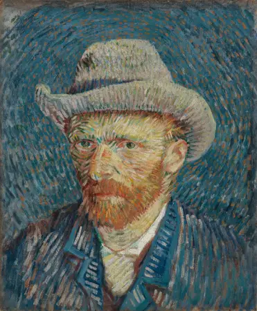 Autorretrato com Chapéu de Feltro Cinza, de Vincent van Gogh, pintado em Paris entre setembro e outubro de 1887. A pintura, feita em óleo sobre algodão, apresenta pinceladas curtas e coloridas que formam um halo ao redor da cabeça do artista.