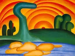 Quadro 'Sol Poente' de Tarsila do Amaral, pintado em 1929. Retrata um pôr do sol em uma paisagem campestre, bem ao estilo modernista, com uso de curvas geométricas para representar a luz solar.