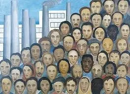 Quadro 'Operários' de Tarsila do Amaral, pintado em 1933. Representa a industrialização de São Paulo e a diversidade étnica das pessoas de todo o Brasil que vieram trabalhar nas fábricas.