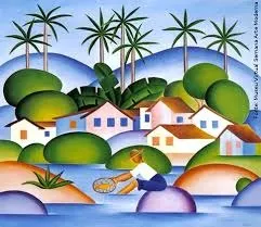 Quadro O Pescador de Tarsila do Amaral, 1925. Retrata um pescador em um lago, com uma vila de casinhas ao fundo e vegetação típica