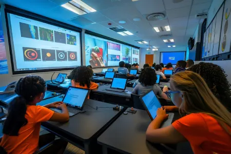 Alunos utilizando computadores em uma sala de aula moderna equipada com tecnologia digital e telas interativas