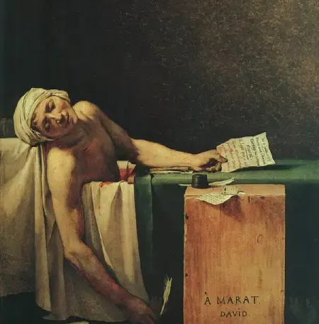 A Morte de Marat, pintura de Jacques-Louis David que retrata o revolucionário Jean-Paul Marat assassinado em sua banheira, tornando-se mártir da Revolução Francesa.