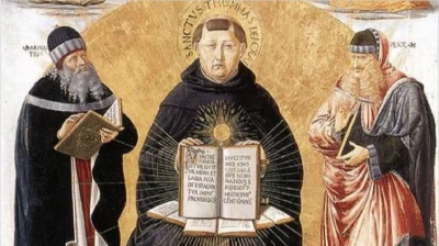 Pintura de São Tomás de Aquino ao centro, com Aristóteles e Platão ao seu lado, segurando livros