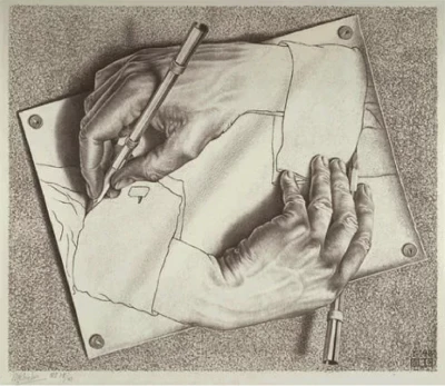 Litografia de M. C. Escher mostrando mãos que se desenham mutuamente