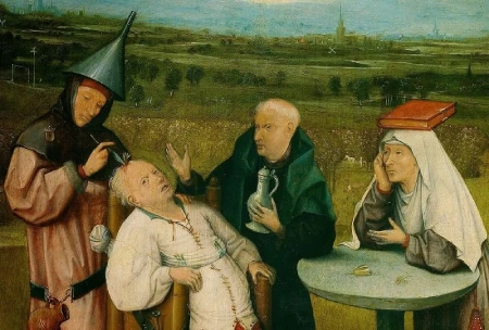 A extração da pedra da loucura, pintura de Hieronymus Bosch que representa visões históricas e simbólicas da loucura na Idade Média
