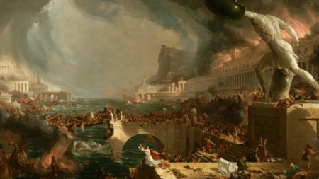 Pintura representando a queda do Império Romano, marco histórico do início da Idade Média