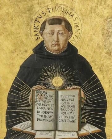 São Tomás de Aquino segurando a Suma Teológica, símbolo da escolástica medieval
