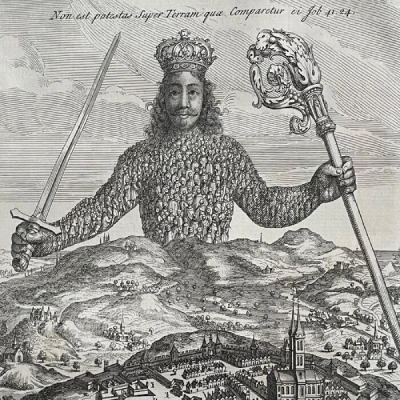 Ilustração clássica do Leviatã, obra de Thomas Hobbes, representando o Estado soberano como um corpo formado por cidadãos, segurando uma espada e um cetro sobre uma cidade