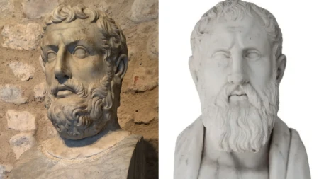 Bustos de Parmênides e Zenão de Eleia, representantes da Escola Eleata da filosofia antiga