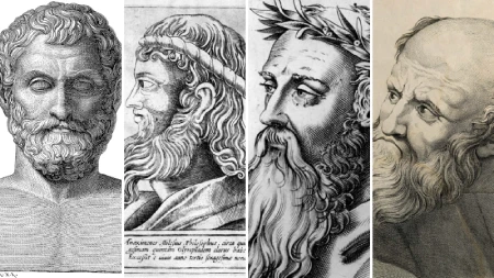 Bustos de filósofos da Escola Jônica da filosofia antiga, como Tales de Mileto, Anaxímenes, Heráclito e Anaximandro