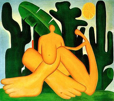 Figura humana estilizada em paisagem tropical, obra Antropofagia de Tarsila do Amaral