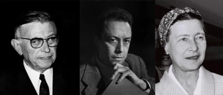 Jean-Paul Sartre, Albert Camus e Simone de Beauvoir, representantes do existencialismo