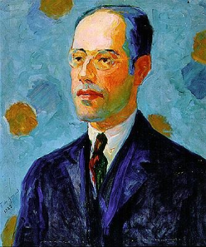 Retrato de Mário de Andrade pintado por Tarsila do Amaral, com linguagem pictórica moderna e cores contrastantes