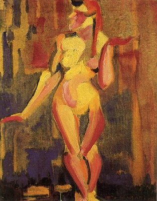 Figura feminina estilizada em composição cubista, com volumes geométricos e cores quentes