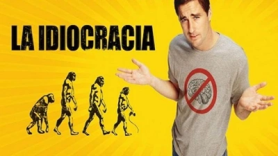 Imagem promocional do filme Idiocracia com fundo amarelo e referência à evolução humana