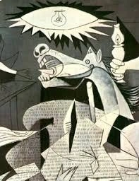 Detalhe da lâmpada em forma de olho na obra Guernica de Pablo Picasso