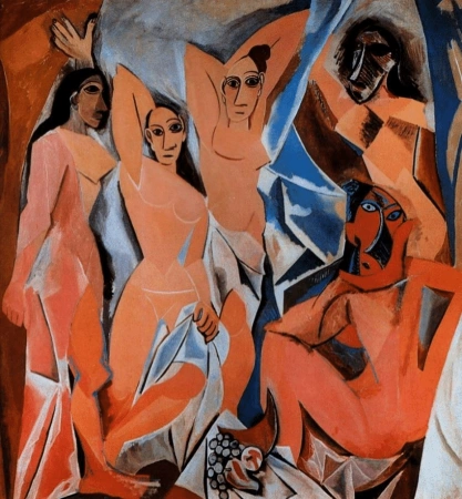 Pintura Les Demoiselles d’Avignon com cinco figuras femininas em formas geométricas e angulosas