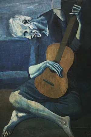 Pintura O Velho Guitarrista com homem idoso magro tocando violão em tons azulados