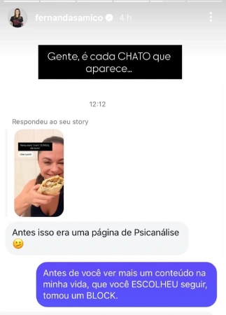 Print de conversa em rede social com resposta bloqueando usuário após comentário
