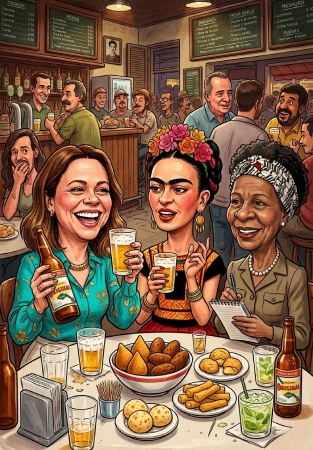 Caricatura de Fernanda Samico ao lado de Vigínia Bicudo e Frida Kahlo em um bar brindando com cerveja