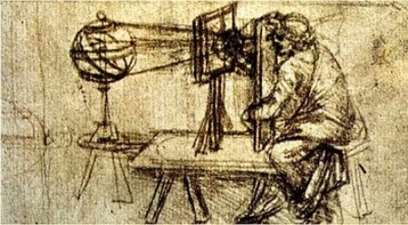 Ilustração da câmera obscura estudada por Leonardo da Vinci no Renascimento