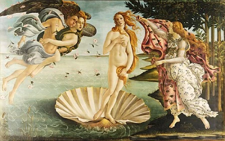 O Nascimento de Vênus de Botticelli com figura feminina sobre concha no mar