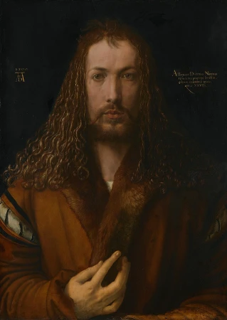 Autorretrato de Albrecht Dürer com olhar frontal e detalhamento realista