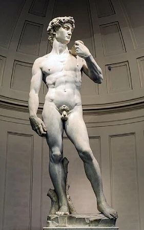 Escultura Davi de Michelangelo em mármore representando corpo humano idealizado