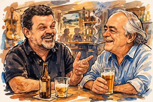 Caricatura de Pedro de Santi e Vinicius de Moraes conversando em um bar, com bebidas sobre a mesa e ambiente descontraído