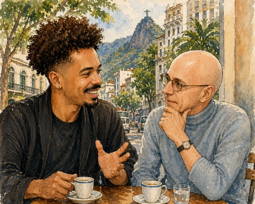Ilustração de Lucas Veiga conversando com Michel Foucault em mesa de café ao ar livre