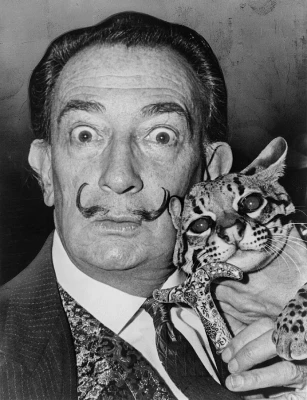 Fotografia em preto e branco de Salvador Dalí com expressão marcante e bigode