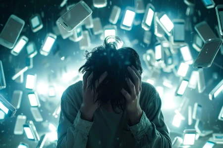 Pessoa cercada por celulares representando excesso de informação e sobrecarga digital