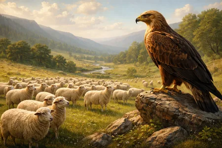 Águia observando um rebanho de ovelhas em um vale pastoral, representando a metáfora moral presente em Nietzsche