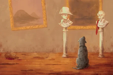 Cachorro diante de bustos associados ao universo literário de Machado de Assis